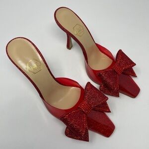 NIB Nalebe By Amina Means Reflections Dimante PVC Glitter Bow Heels Mule Pumps